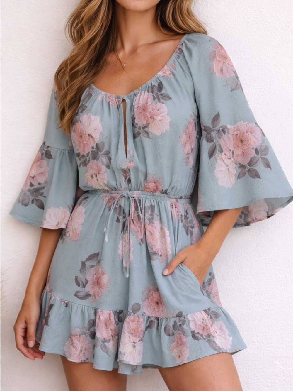 Boho Sage Blue Floral Romper Blush Pink Roses Tassel Tie Ruffle Hem Small New